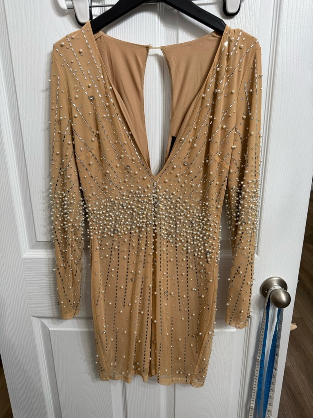 Fashion Nova Luxe Juliette Pearl Rhinestone Nude Mesh Mini Dress M Glam Party